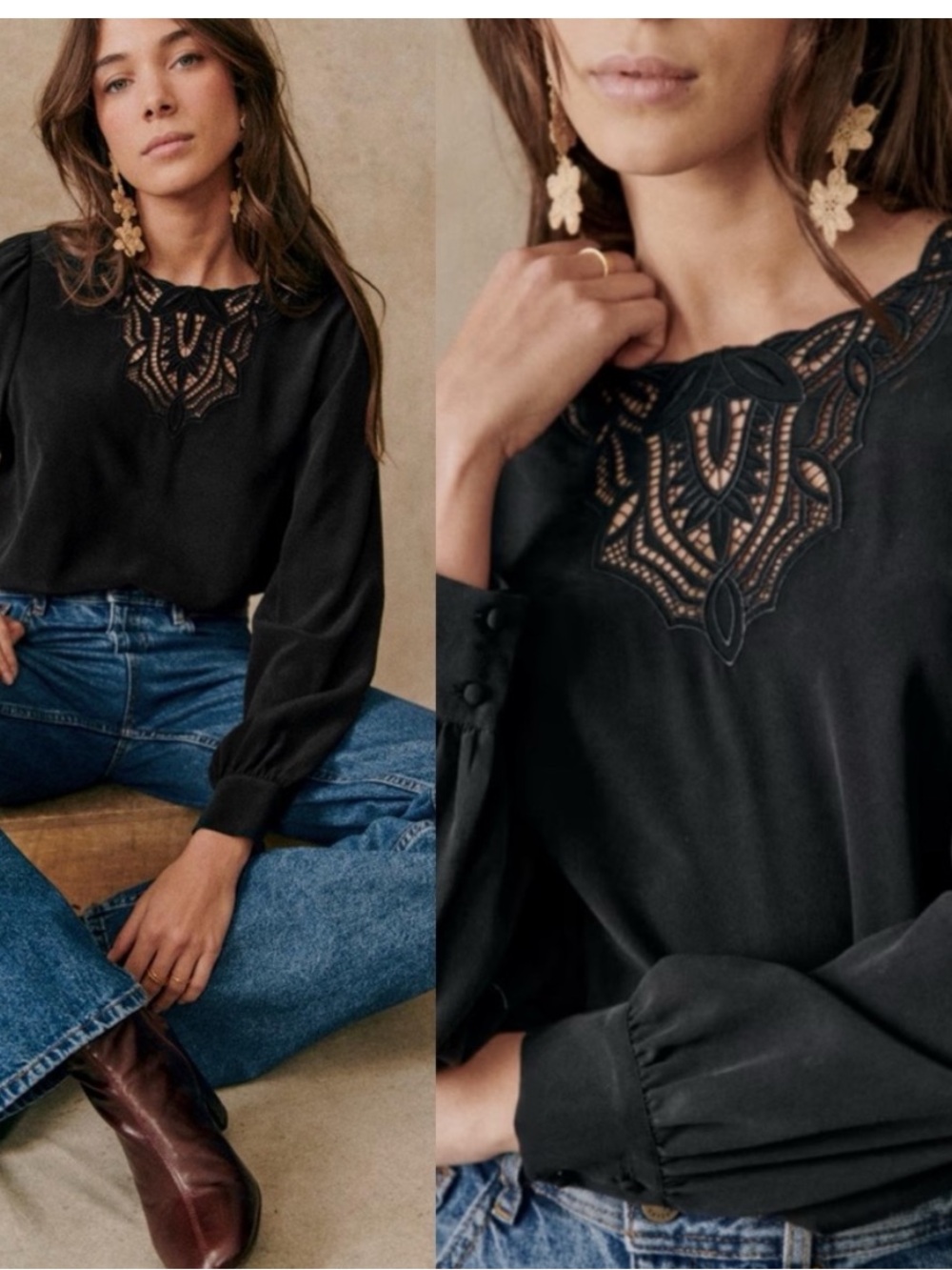 Sezane Carlotta Black Silk Embroidered Top